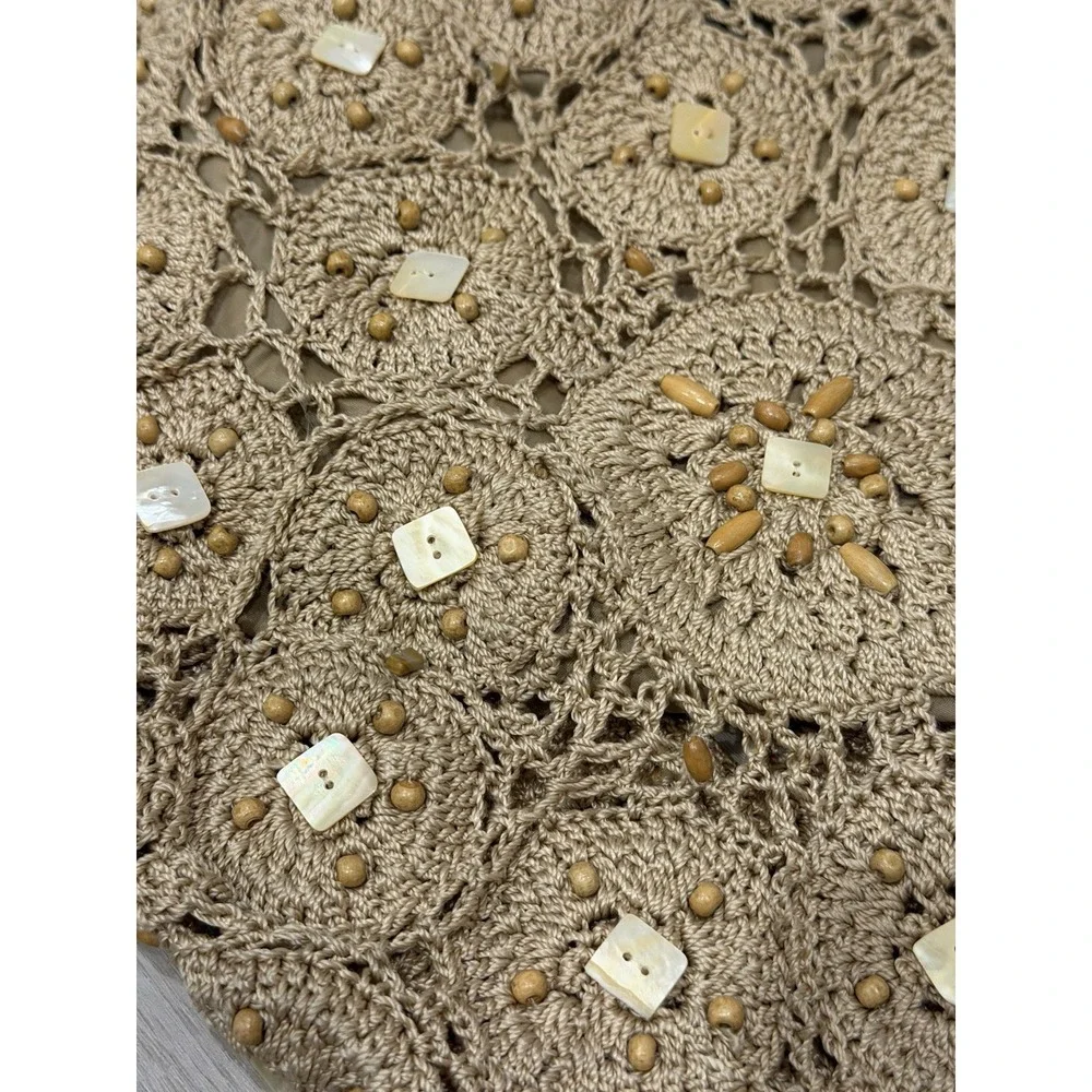 Vintage The Sak Crochet Hobo Bag Y2K Boho Wood Bead Shell Shoulder Purse Slouchy